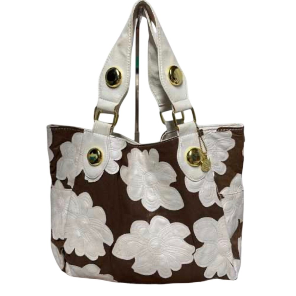 Big Buddha Floral Applique Tote Bag Womens Large Brown White Good 2004 Boho